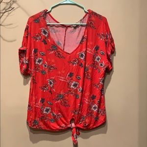 Red Floral v-neck Tee